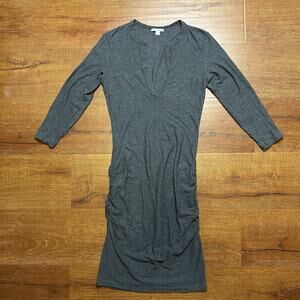 James Perse Dress Womens 0 Gray V Neck Wool Bodycon Ruched Minimal Avant Garde